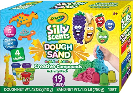 Crayola Silly Scents, Modeling Compound Activity Pack | Includes 6 Scented Dough Tubs, 6 Scented Colored Play Sand Packs, and 7 Kids Tools | Great Birthday Gift or Easter Gifts for Toddlers.