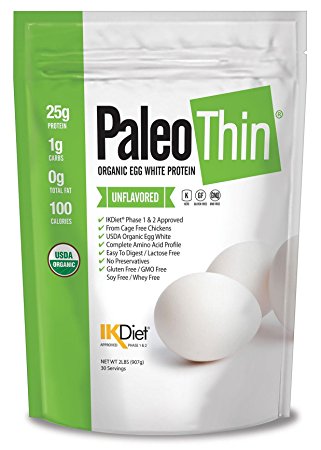 Paleo Thin® Protein USDA Organic Egg White Powder (2 LBS Total)(Soy Free)(30 Servings Total) (GMO Free) (Unflavored)