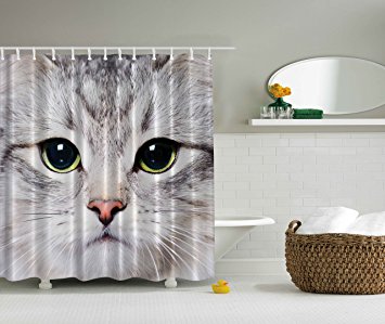 Cat Shower Curtain by Ambesonne Decorations Gray Cute Cat Print Kitten Kitty Closeup Portrait Picture Digital Photography Lovely Pet Bathroom Fabric Shower Curtain