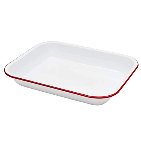 Enamelware Large Roasting Pan - Solid White with Red Rim