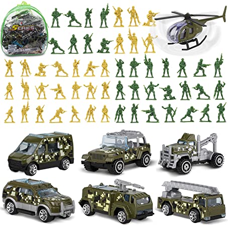 TOY Life Die Cast Metal Military Vehicles and Plastic Army Men Toy Soldiers Play Set | Military Army Toys Gift Set for Boys | Includes a Bag Army Cars and Helicopter Toy