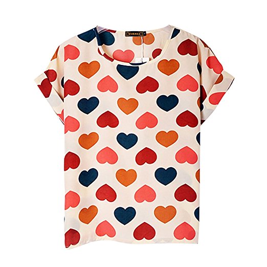 Vobaga Women's Bird Heart Geometric Print Short Sleeve Chiffon Top T-shirt Blouses