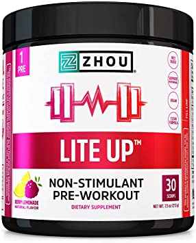 Zhou Nutrition Lite Up, Non-Stimulant Pre Workout Powder, Caffeine Free Nitric Oxide Booster, No Sugar Added, Vegan, Gluten Free, Non GMO, Berry Lemonade, 7.5 Oz