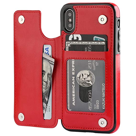 iPhone Xs iPhone X Wallet Case with Card Holder,OT ONETOP Premium PU Leather Kickstand Card Slots Case,Double Magnetic Clasp and Durable Shockproof Cover (Red)