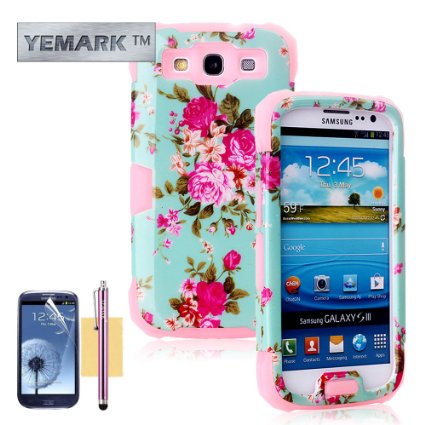 S3 Case Galaxy S3 Case YEMARKTM Fashion Unique Soft Silicone Noctilucence In the Dark Elegant Flowers Pattern Hybrid Bumper Hard Back Case Cover Compatible with Samsung Galaxy S3 i9300StylusScreen ProtectorCleaning Cloth-Pink Samsung Galaxy S3 Case
