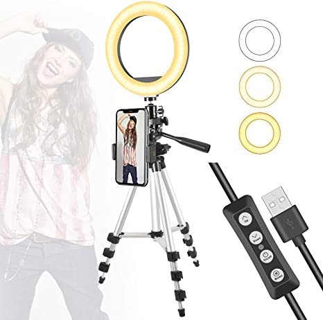 8" Selfie Ring Light with Extendable Tripod Stand & Cell Phone Holder for Live Stream Makeup - GLCON Dimmable LED Camera Ringlight for YouTube Video Tiktok Photography - Ring Light for iPhone Android