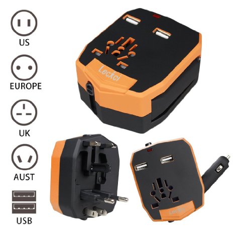 LECXCI AC Universal World Travel Adaptor Wall Charger Plug US/UK/Australia/Europe with 2 USB Ports and Car Charger Best All in One International Power Adapter for Mobile Phone/Tablet/Camera/Laptop/Toothbrush (Orange)