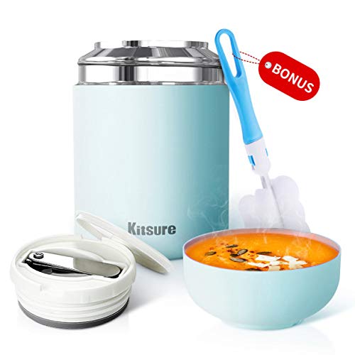 Kitsure 30 oz Thermos Food Jar, Leak Proof Vacuum Insulated Food Container for Hot Food, Stainless Steel Lunch Box for Kids & Adults with Folding Spoon, Compact Design & Maximizing Capacity Blue