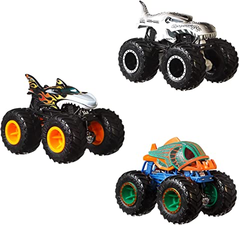 Hot Wheels Monster Trucks Creature 3-Pack of 1:64 Scale Toy Monster Trucks, Shark Wreak, Piran-ahh & Mega Wrex, Toy for Kids 3 Years Old & Older