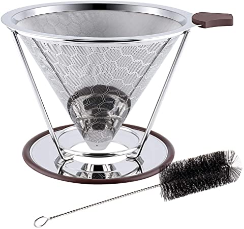 Pour Over Cone Coffee Dripper, Bligli Reusable Stainless Steel Honeycomb Mesh Coffee Drip Filter Paperless Filter Coffee Maker with Removable Stand