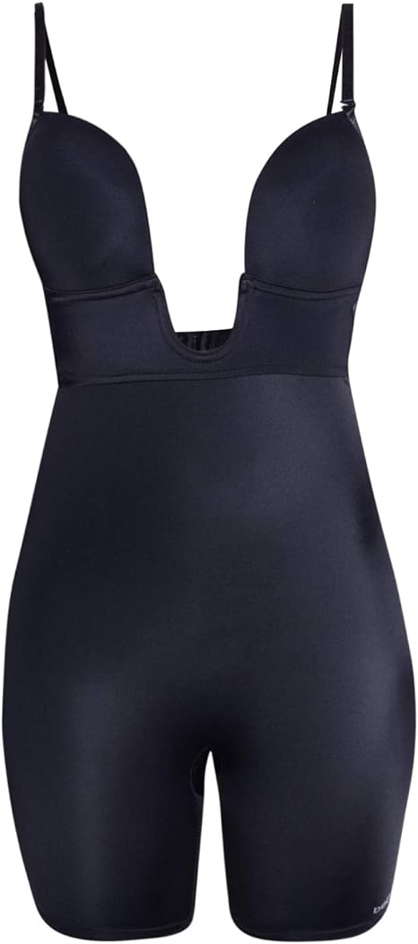 bebe Womens Seamless Bodysuit Shapewear – Stretch Microfiber U Plunge Mid Thigh Body Shaper for Women - Full Body Shapewear