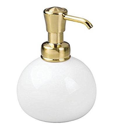 InterDesign York Round Ceramic Soap & Lotion Dispenser Pump for Bathroom or Kitchen Countertops, White/Soft Brass