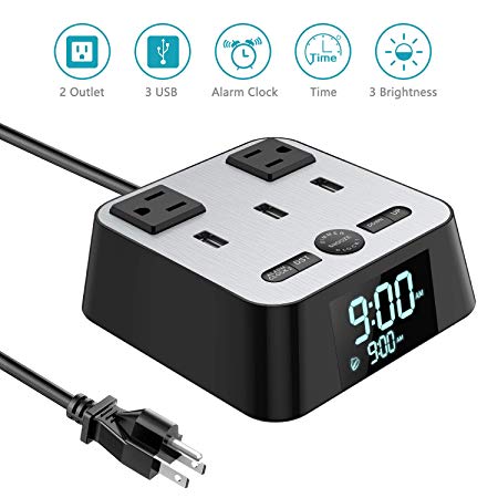 MIBOTE Digital Alarm Clock Charging Station with 3 USB Ports and 2 Outlets LED Display with Dimmer/Snooze Function/DST Setting/Backup Battery for Bedroom,Office Home