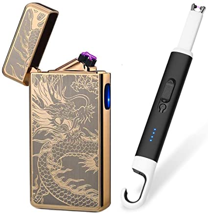 Arc Lighter Gold Dragon and Windproof Plasma Long Lighters with LED Battery Indicator for Candle,Fireworks,Grill,Barbecue,Stove