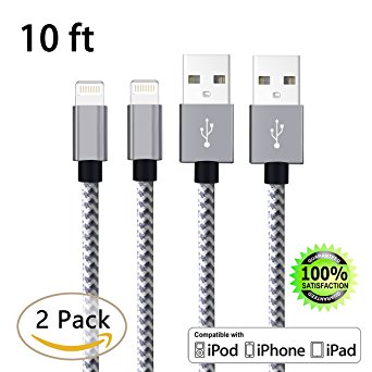 iPhone Charger,aonear 2Pack 10FT Extra Long Nylon Braided Cord Lightning Cable to USB Charging Charger for iPhone 7/7 Plus/ 6/6S/ 6/6S Plus/ 5/5S/SE/5C,iPad,iPod Nano 7 (Gray White,2Pack 10FT)