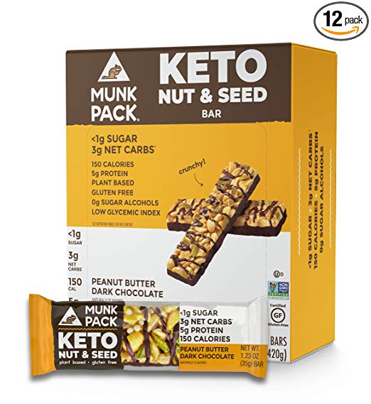 Munk Pack Peanut Butter Dark Chocolate Keto Nut & Seed Bar with &lt;1g Sugar, 3g Net Carbs | No Added Sugar | Plant Based | Gluten Free, Soy Free | 12 Pack