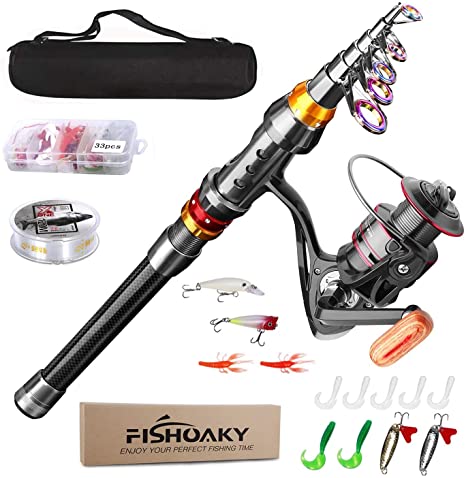 FISHOAKY Telescopic Fishing Rod Set, Spinning Fishing Pole and Reel Combo Line Carbon Fiber Lures Tackle Hooks Travel Bag for Saltwater &Freshwater | Boat,Surf,Lake | Kids&Adults
