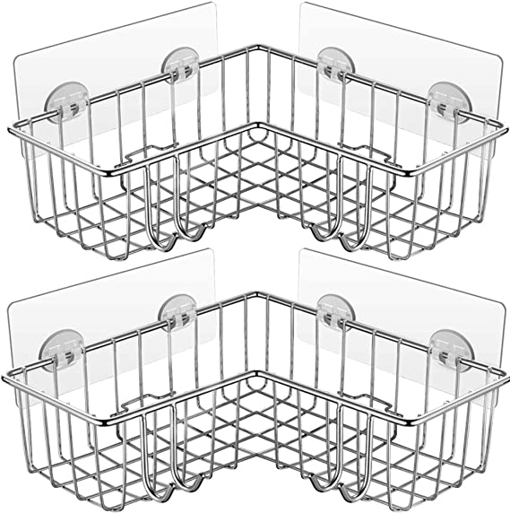 Carwiner Corner Shower Caddy 2-Pack, Wall Mounted Bathroom Shelf, 304 Stainless Steel Wide Space Shower Shelf with Adhesive, Hanging Storage Organizer Strong and Sturdy for Kitchen (Silver)