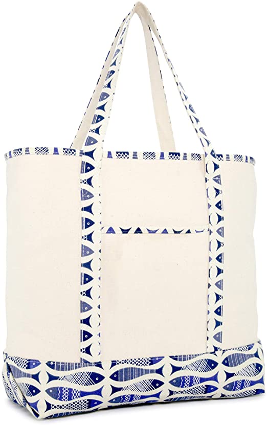 DALIX 22" Shopping Tote Bag Heavy Cotton Canvas (Zippered Top) Blue Antique Fish