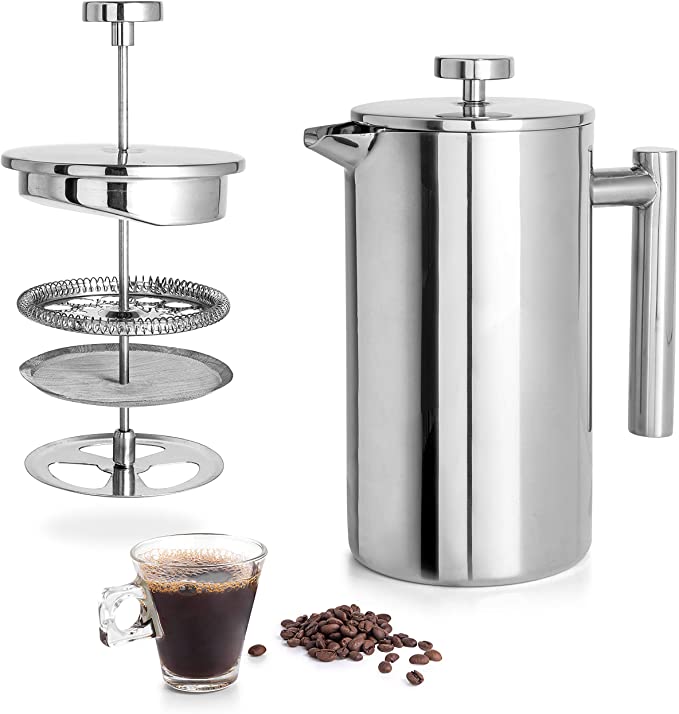 Stainless Steel French Press Coffee Maker 34 Oz 1L Double Wall Insulation Coffee &Tea Brewer Easy Clean, and Easy Press by Mixpresso