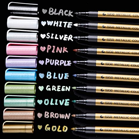 Ohuhu Premium Metallic Marker Pens Fine Tip, Ohuhu Set of 10 Glitter Paint Pen Window Marker for DIY Card Making, Coloring Books, Scrapbook Photo Album, Rock Art