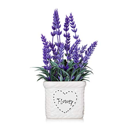 Potted Lavender Flowers -Small Artificial Purple Plant - Cute Flower with White Ceramic Vase for Home, Party & Wedding Décor