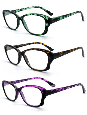 Eye-Zoom® 3 Pack Cat Eye Tortoise Color Frame Reading Glasses for Women (Green, Yellow and Purple, Strength:  1.75)