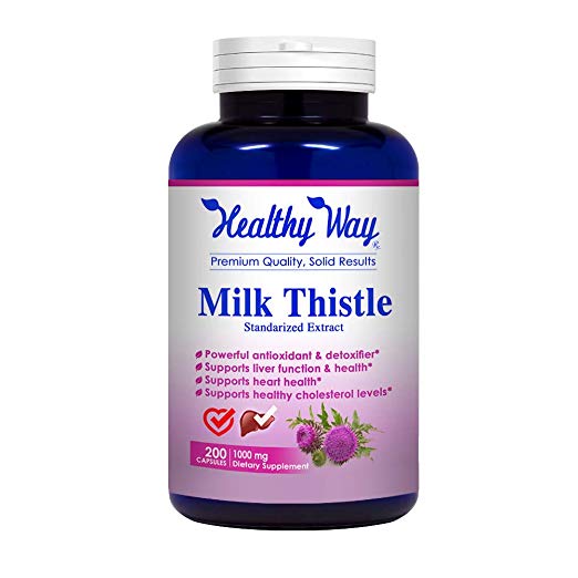 Healthy Way Pure Milk Thistle Supplement 1000mg - 200 Capsules -  for Liver Support & Detox Cleanse - NON-GMO USA Made 100% Money Back Guarantee