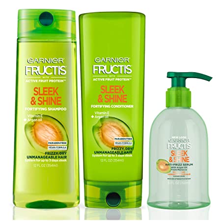 Garnier Fructis Sleek & Shine Shampoo, Conditioner & Anti-Frizz Serum, 5.1 Ounce (Set of 3)