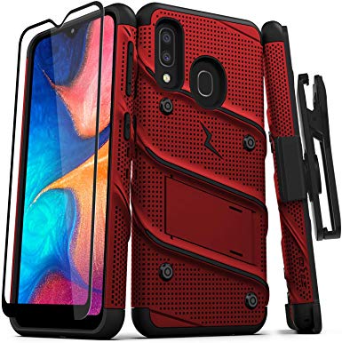 ZIZO Bolt Series Samsung Galaxy A20 Case | Heavy-Duty Military-Grade Drop Protection w/Kickstand Included Belt Clip Holster Tempered Glass Lanyard Galaxy A50 - Red