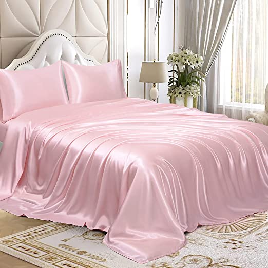 Homiest 3pcs Satin Sheets Set Luxury Silky Satin Bedding Set with Deep Pocket, 1 Fitted Sheet   1 Flat Sheet   1 Pillowcase (Twin Size, Blush Pink)