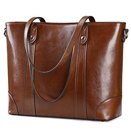 S-ZONE 15.6 Inch Leather Laptop Bag for Women Shoulder Handbag Large Work Tote