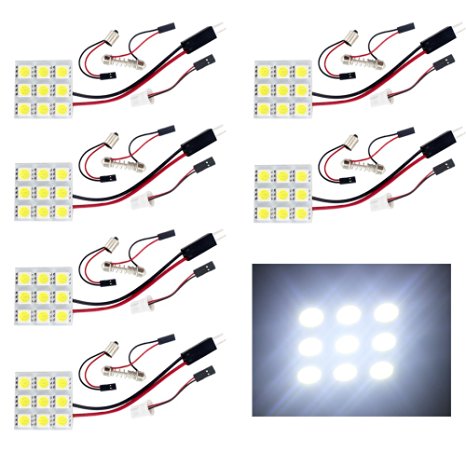 Everbrightt 6-Pack Cool White 5050 9SMD Led Panel Dome Light Auto Car Reading Interior Lamp DC 12V With T10 / BA9S / Festoon Adapters