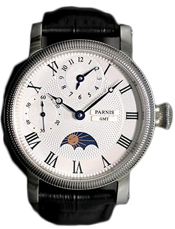Parnis Men's Hand Wind Mechanical Watch Two Times Moon Phase Seagull Movement St36