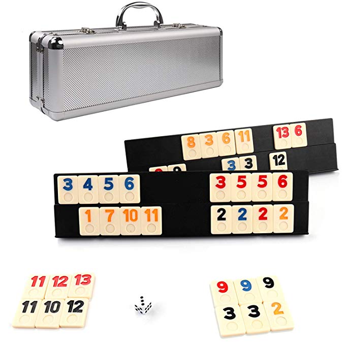 KAILE 106 Tiles Rummy Game Outlasting Color with Aluminum Case & 4 Anti-Skid Durable Trays for Kids