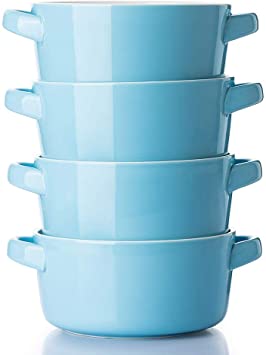 DOWAN Soup Bowls with Handles 24 oz, Ceramic Serving Soup Bowl Set for kitchen,French Onion Soup Crocks Oven & Microwave Dishwasher Safe, Sky Blue Large Stackable Handled Bowls Set of 4