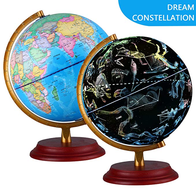 Illuminated World Globe With Wooden base - Night View Stars Constellation Pattern Globe with Detailed World Map,Built-in LED Bulb, No Battery Required, Educational Gift, Night Stand Decor