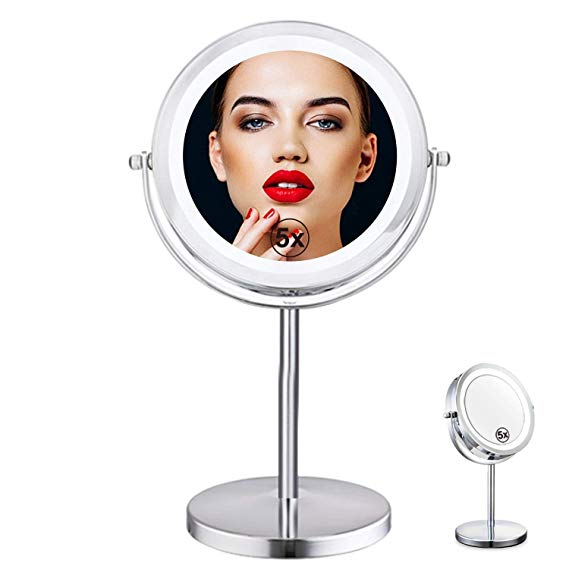 Double Sided Lighted Mirror - 7in LED Makeup Mirror With Lights,1x/5x Magnifying Vanity Mirror With Stand,Round Cosmetic Mirror for Bathroom or Bedroom Countertop,Desk Mirror With 360° Rotation (7in)