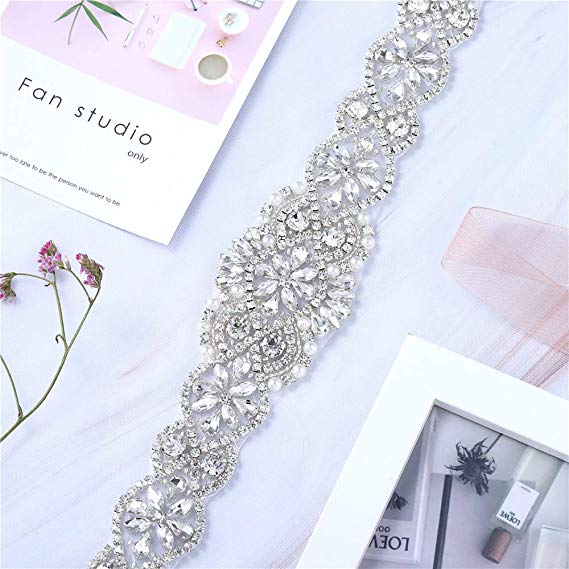 Crystal Rhinestone Appliques with Stain Ribbons Sewn on or Hot Fix for DIY Dress Belts, Headbands, Headpieces, Neckline, Garters, Shoes, Bags - Silver