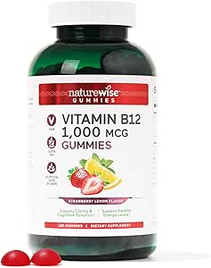 NatureWise Vitamin B12 Gummies for Adults, 1000 mcg - Strawberry Lemon Flavor - Supports Daily Energy, Mental Clarity, Cognitive Function - Vegan, Gluten-Free, Non-GMO - 180 Gummies[3-Month Supply]