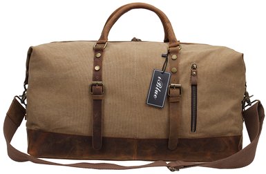 Iblue Oversized Canvas Leather Carry on Duffle Bag Overnight Bag Khaki #381