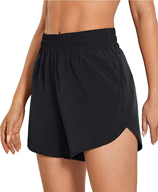 CRZ YOGA Women's Elastic Mid Waisted Running Shorts Liner - 5'' Quick Dry Athletic Sport Workout Track Shorts Zip Pocket