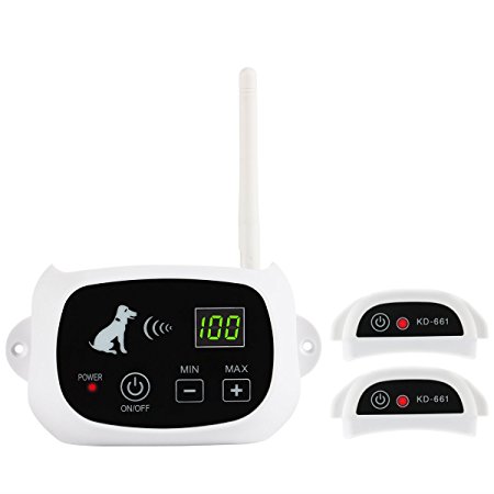 Wire-Free (100% No Wire) 2 Dog Fence Wireless Pet Containment System - Rechargeable Water Resistant Receiver Collar & Radial-Shape Circular Boundary Perimeter Radio Wi-Fi Transmitter for Safe Training