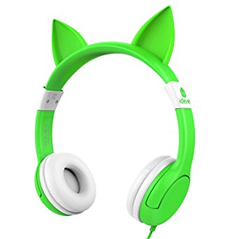 iClever BoostCare Wired Kids Headphones Cat-inspired Over the Ear Headsets with 85 Volume Limited, Food Grade Silicon Material(HS09), Green