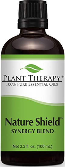 Plant Therapy Nature Shield Synergy Essential Oil Blend. Blend Of: Citronella, Eucalyptus, Cedarwood, Lemongrass, Lavender, Litsea, Tea Tree, Patchouli and Catnip. 100 ml (3.3 oz).