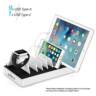 gofanco USB C Charging Station 10 port 90W, USB Type C Desktop Charging Stand Organizer for phones, tablets and wearable devices, 9 USB Type-A & 1 USB Type-C – White