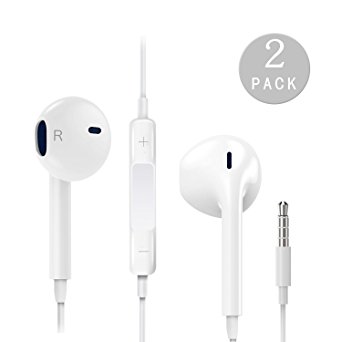 Auideas Earphones with Microphone [2-Pack] Premium Earbuds Stereo Headphones and Noise Isolating headset Made for Apple iPhone iPod iPad - White (white).