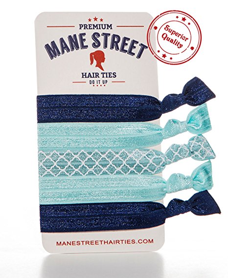 Mane Street Hair Ties (Blue) - Made From The Best Fold Over Elastic Material On The Market - No Tug Knotted Elastic Ribbon - Prevents Ponytail Holder Headache - Best Seller