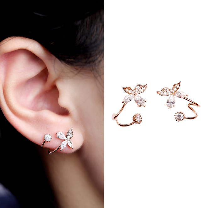 EVERU Gold Bling Butterfly CZ Diamond Jewelry Piercing Ear Wraps Stud Earrings for Women's Gift