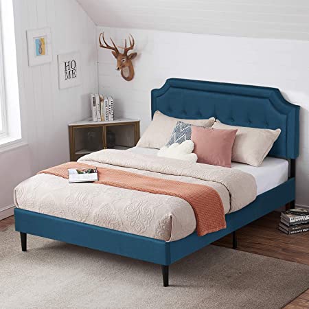 VECELO Premium Upholstered Platform Bed Diamond Stitched Panel Headboard, Metal Frame & 12 Strong Wood Slat Support, Mattress Foundation/Easy Assembly,Full,Blue